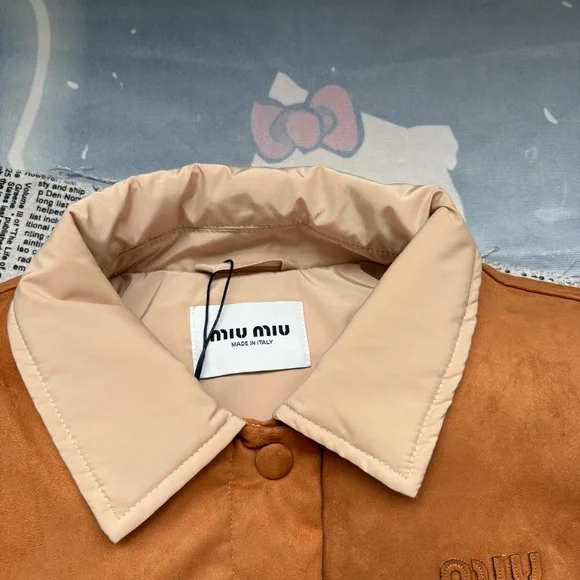 Miu Miu Suede-Trimmed Down Jacket With Lapel - Picture 2 of 8